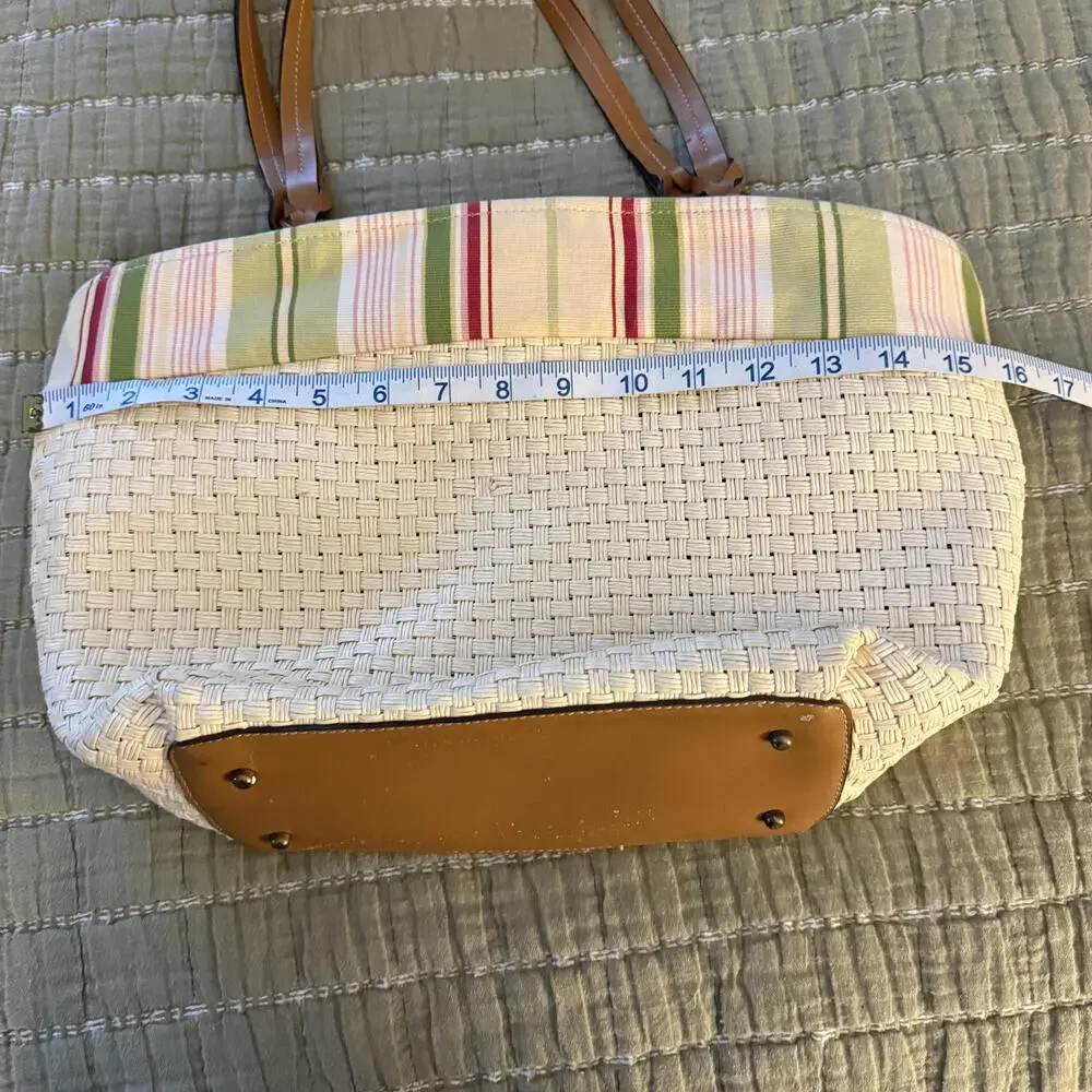 FOSSIL Straw Pink/Green Canvas Nautical Satchel Purse Preppy Cottage‎ Core